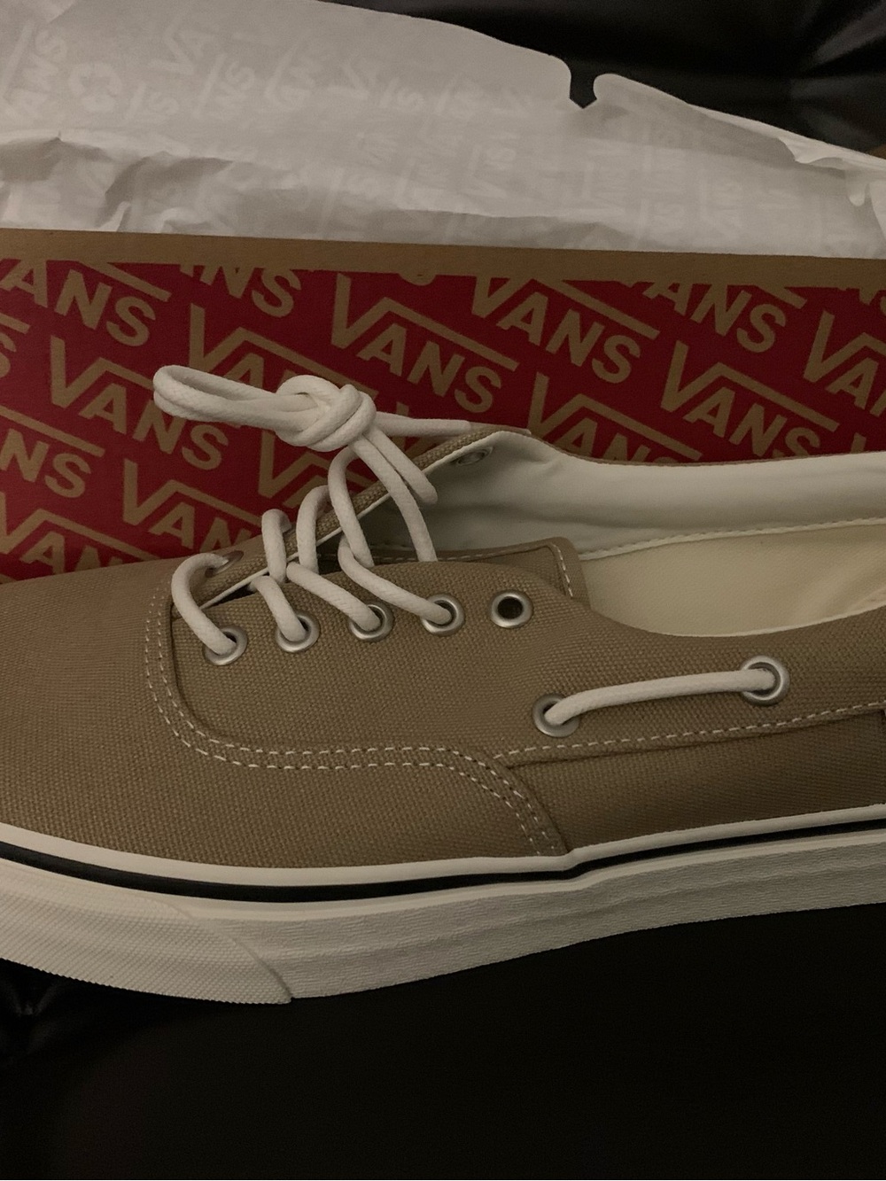 Vans Men’s Boat Shoe Style Canvas Sneakers in Tan with White Laces